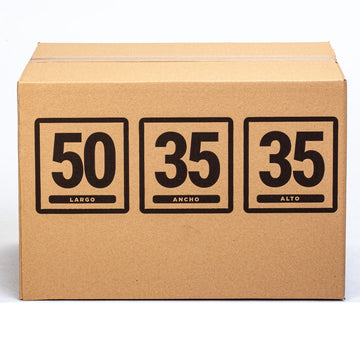 Caja de embalaje resistente de canal simple 50 × 35 × 35 cm, perfecta para envíos online, mudanzas domésticas o guardado de discos de vinilo. Fabricada en cartón reciclado, este packaging ecológico protege tus productos gracias a su cartón corrugado de alta calidad y es reutilizable para reducir residuos.