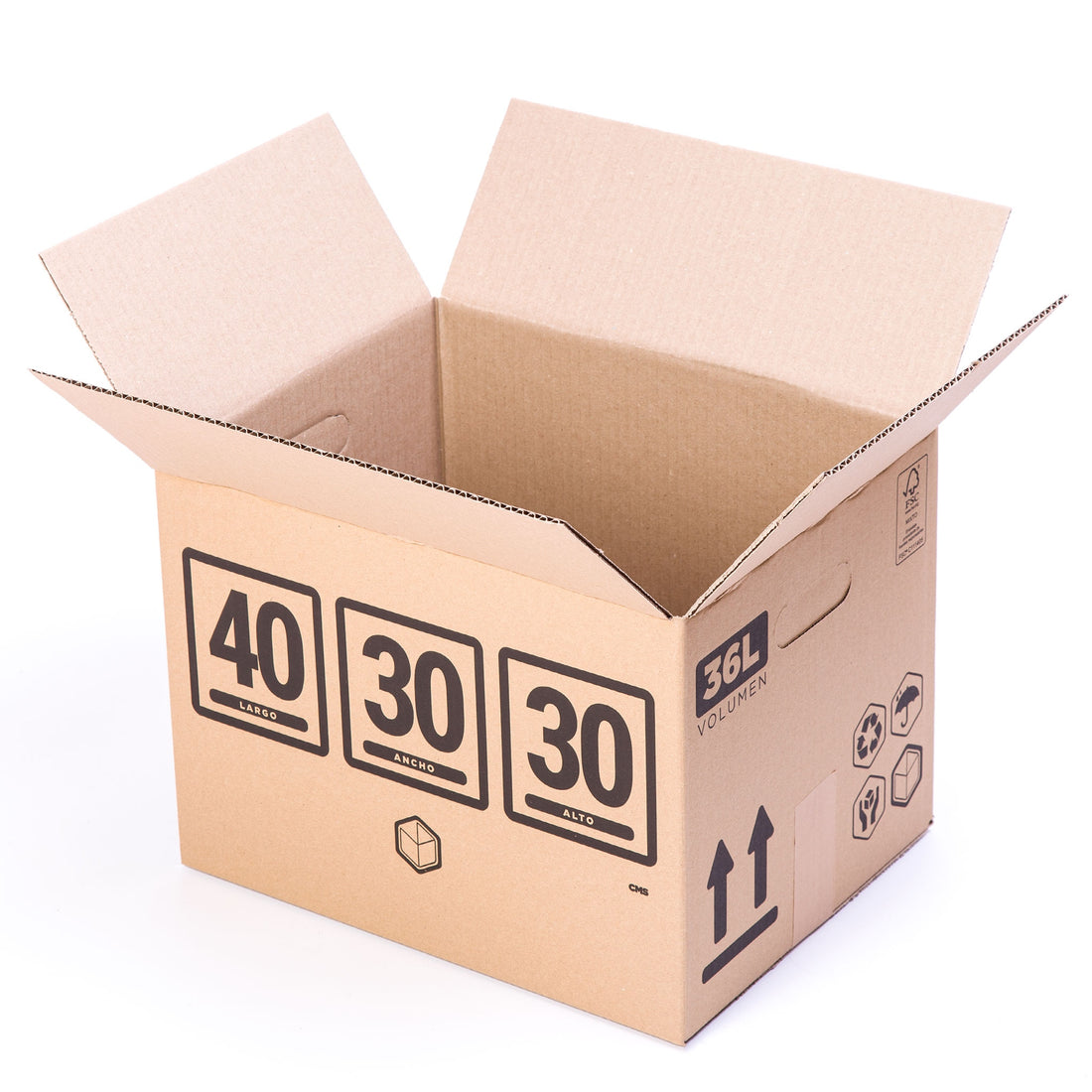 caja de cartón 40x30x30 cm de canal simple, ideal para mudanzas, envíos ecommerce o almacenaje de ropa, libros y objetos medianos. Fabricada en cartón reciclado, resistente y con asas.