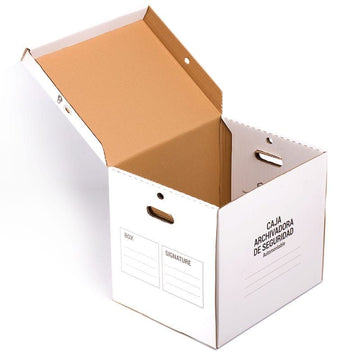 Caja archivadora de cartón con tapa automontable y asas, ideal para archivos definitivos AZ y almacenaje de documentos.