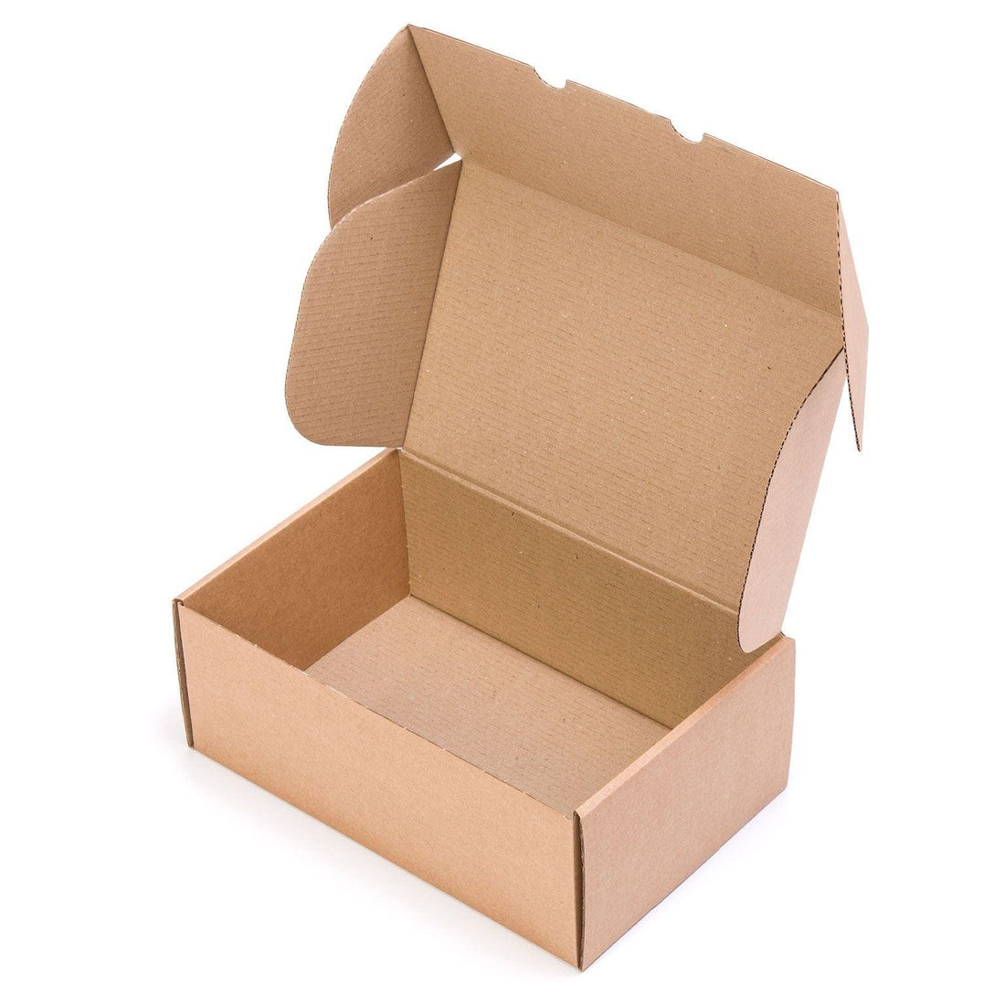 Caja postal automontable 30x20x12 cm de cartón marrón kraft, robusta y ecológica para envíos postales y ecommerce.