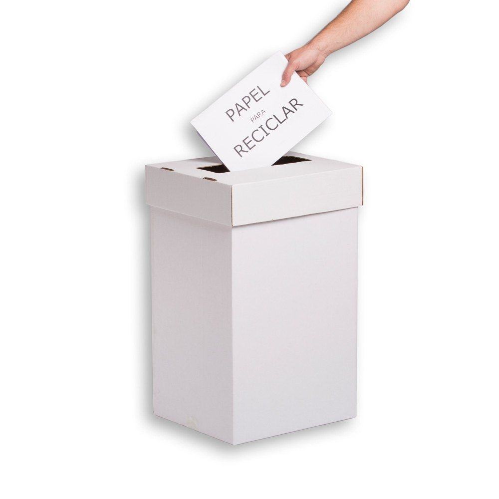 Caja papelera anónima 41x32,5x69 cm con tapa superior automontable de cartón, ideal para oficinas, pasillos, y recopilado de documentación para reciclar.