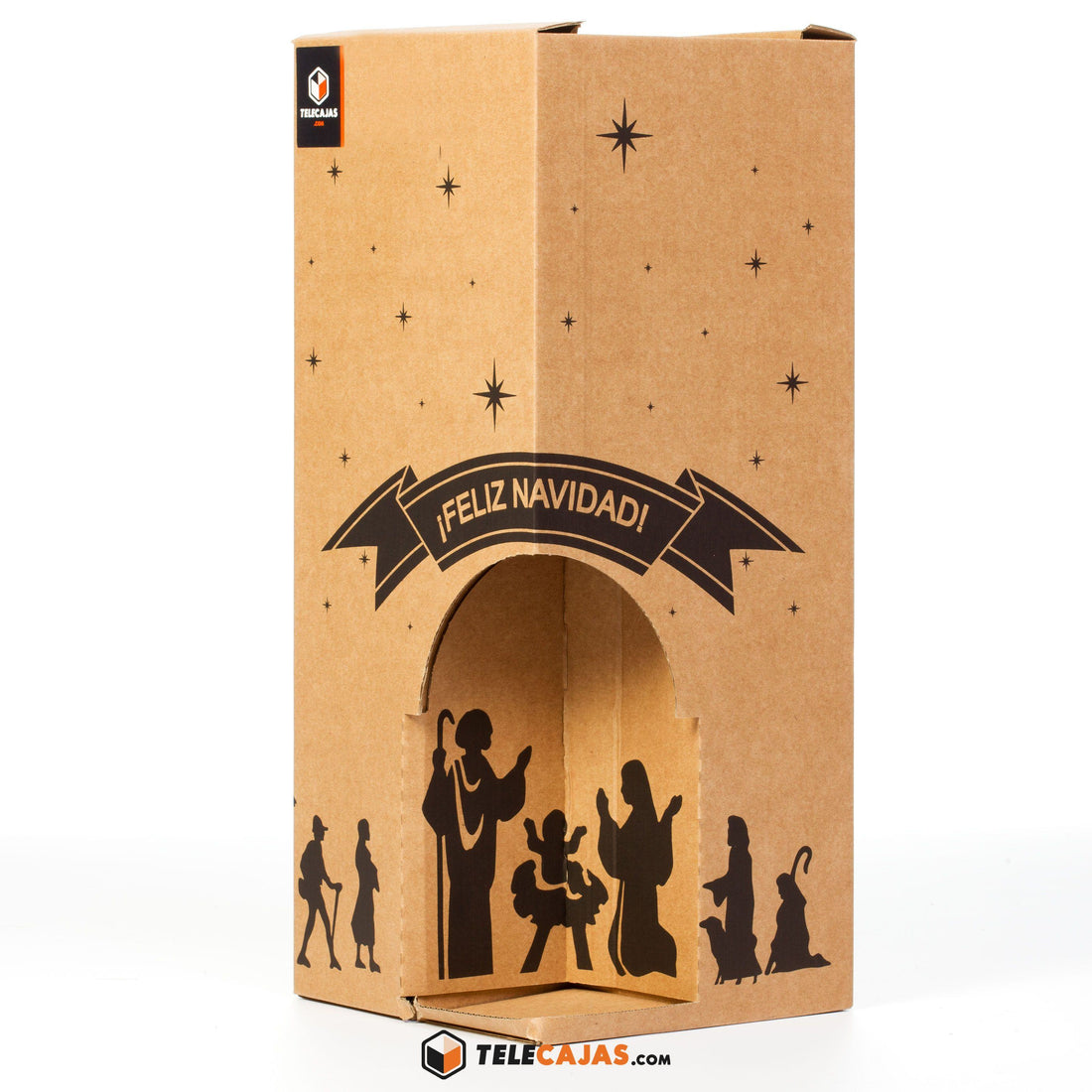 Caja de Navidad para 4 botellas de vino, convertible en portal de Belén, ideal para regalos navideños y packaging original.