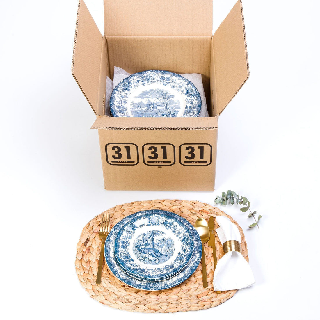 Caja cuadrada con asas 31x31x31 cm, ideal para platos, vajillas, sombreros y mudanzas.