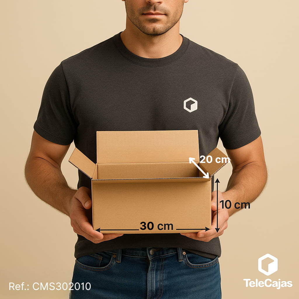 Caja de embalaje resistente y discreta de canal simple, medidas interiores 30x20x10 cm. Packaging ecológico, perfecto para envíos postales anónimos, sin asas, ecommerce, paquetería o almacenaje en casa. Fabricada en cartón reciclado.