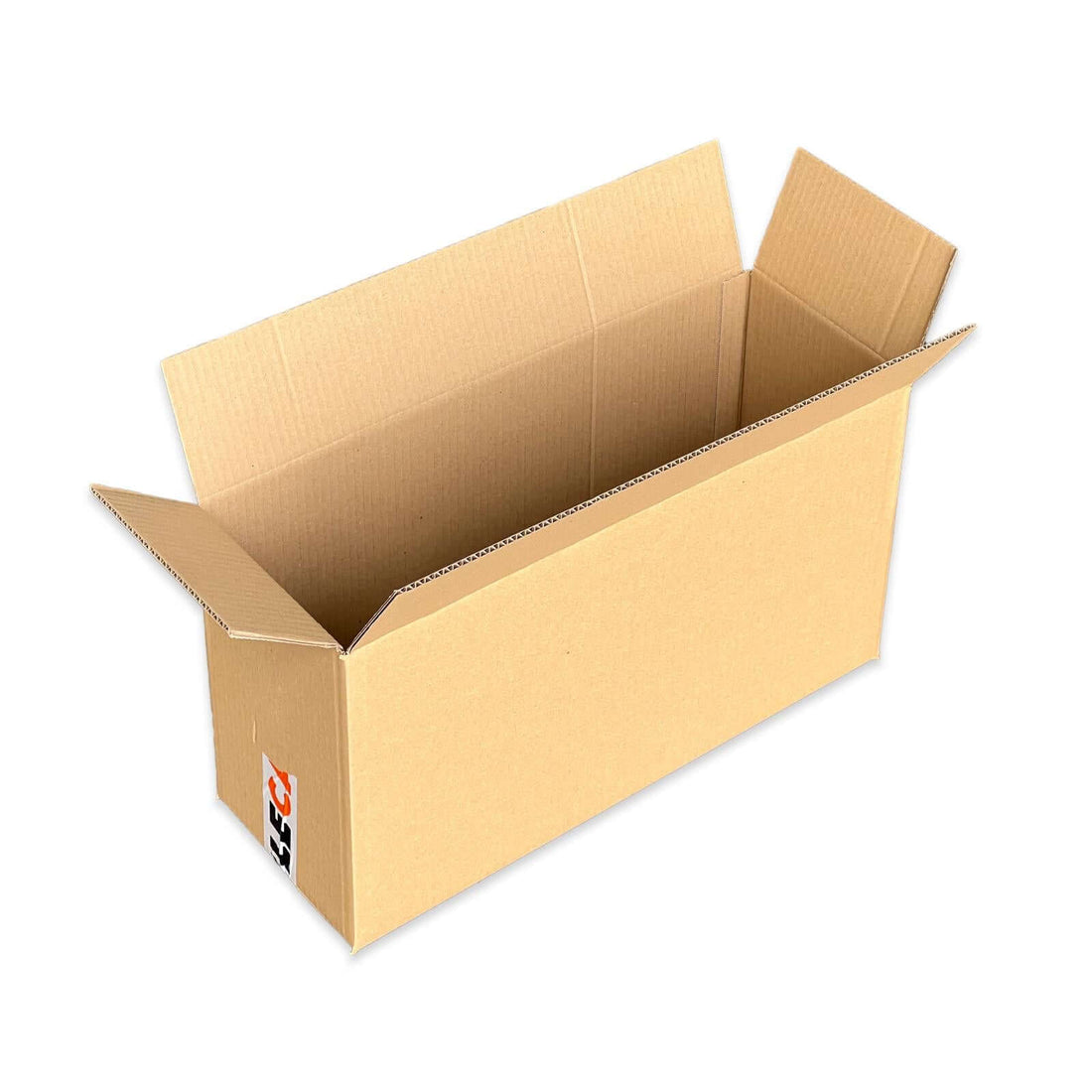 Caja de embalaje resistente de canal simple en color marrón kraft, con medidas interiores de 55x20x25 cm. Perfecta para envíos ecommerce, mudanzas o almacenaje de objetos alargados. Packaging ecológico fabricado en cartón reciclado, sin asas ni impresiones para mayor discreción