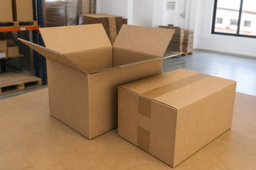 Caja americana FEFCO 0201 TeleCajas: abierta con solapas y otra precintada