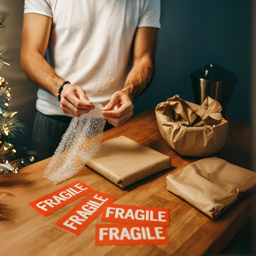 Fotografía de una persona embalando paquetes con papel kraft y plástico burbuja.