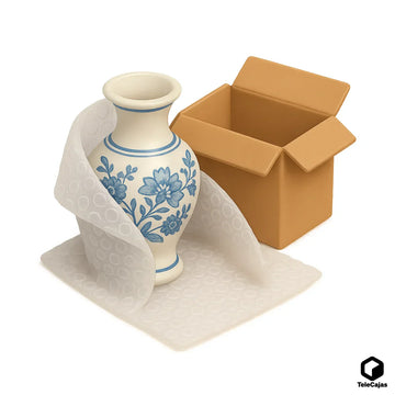 arrón de porcelana antigua con motivos florales azules, envuelto parcialmente en papel burbuja transparente, colocado junto a una caja de cartón abierta lista para embalaje.