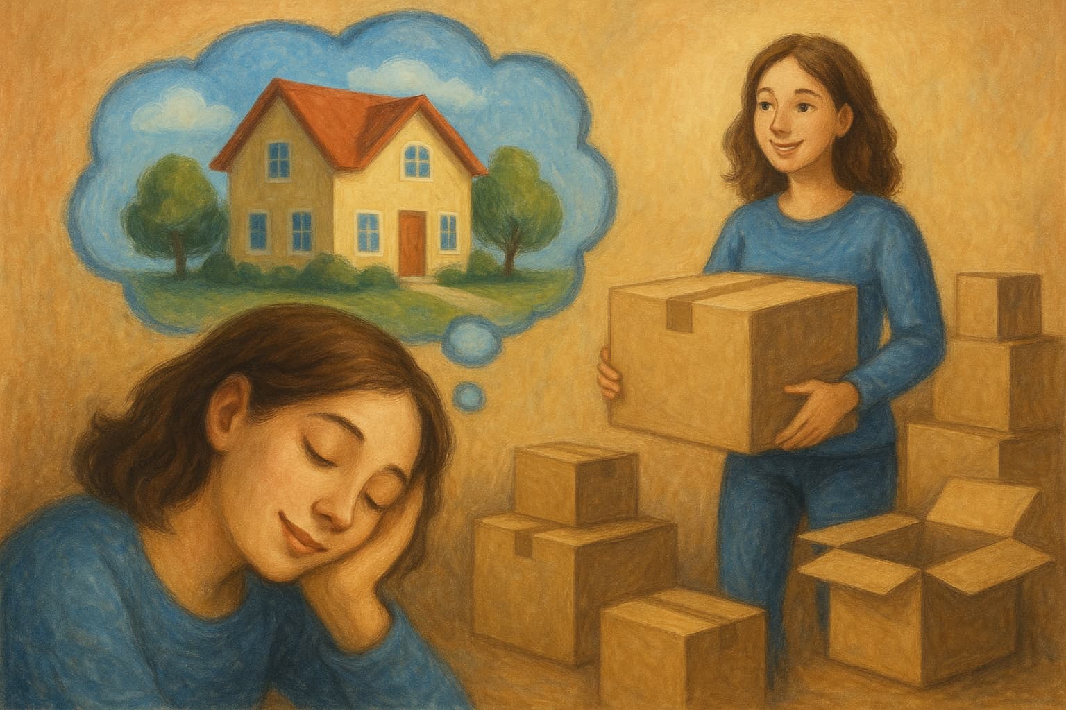 Mujer soñando con una casa mientras empaca cajas de mudanza.