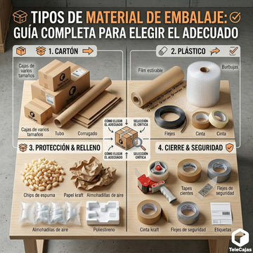 Infografía dividida en cuatro secciones (cartón, plástico, protección y cierre) que muestra diversos materiales de embalaje bajo el título "Tipos de Material de Embalaje: Guía Completa"