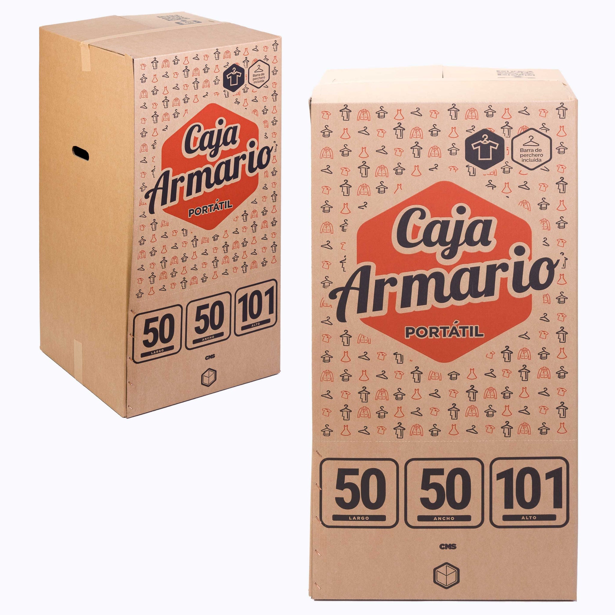 TELECAJAS | Cajas Armario Portátil para Ropa (50x50x101 cms) | Ropero en Mudanzas | Pack de 2 ud (incluye 2 barras) - TELECAJAS