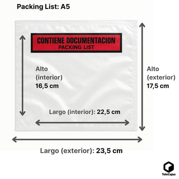 Lista de embalagem A5 | Exterior: 235x175 mm (Interior: 225x165 mm) | Envelopes contendo documentação | Fólio A4 de tamanho médio | Pacote com 1000 sacos