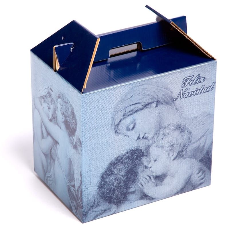 Caja de embalaje para lotes de Navidad, fabricada en cartón estucado con acabado brillante. Diseño elegante con ilustración clásica y mensaje Feliz Navidad perfecta para regalos grandes, botellas, chacinas o quesos. Packaging resistente y de presentación premium para cestas o lotes navideños.