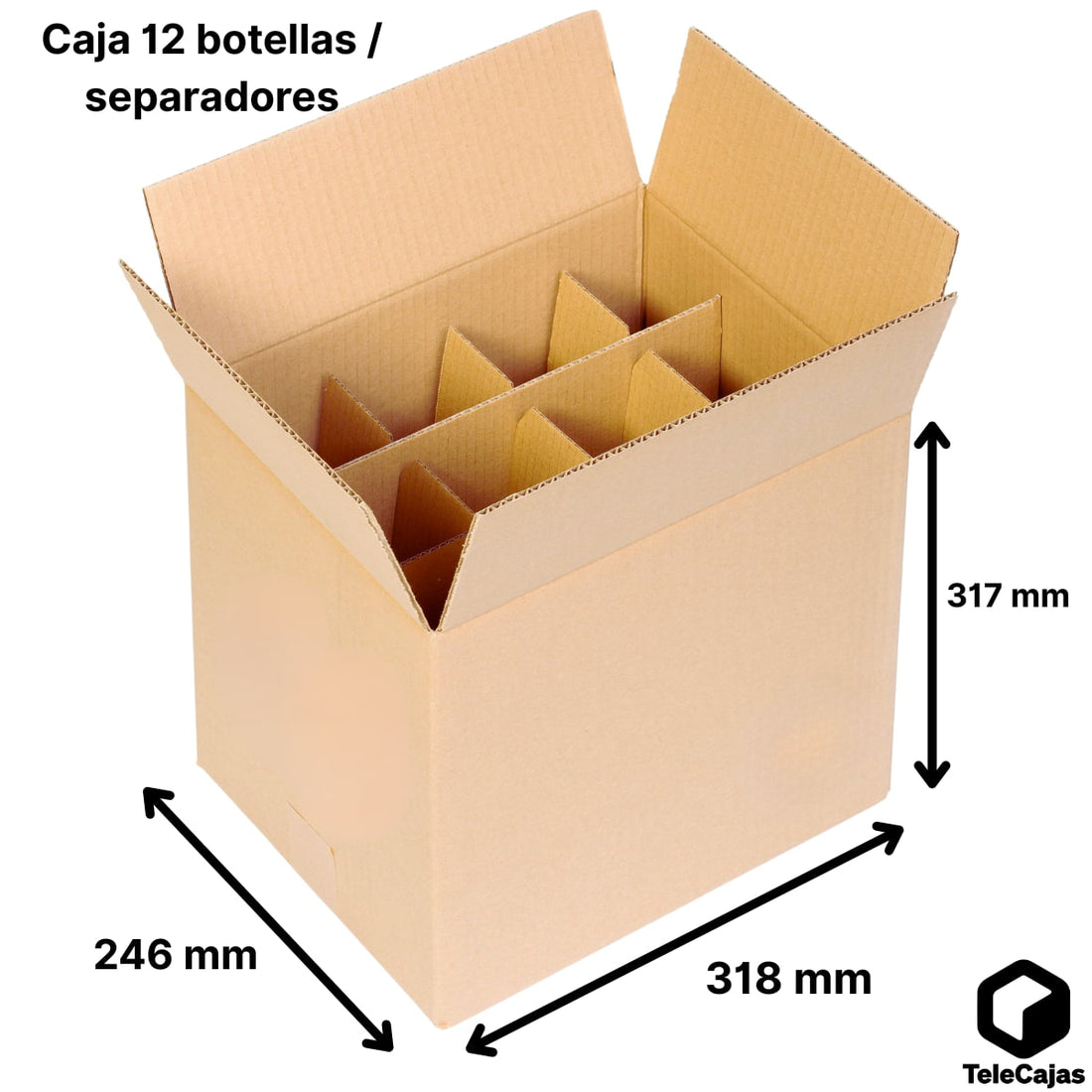 Caja de embalaje resistente para 12 botellas de vino, fabricada en cartón reciclado de canal simple con separadores tipo rejilla que evitan golpes y roces entre botellas. 
