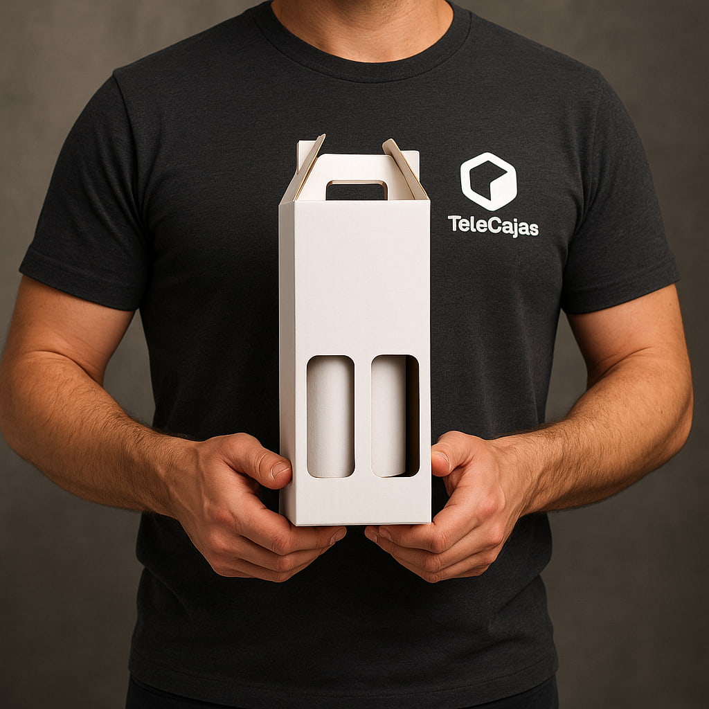 Caja estuche blanca para dos botellas de vino con asas y ventanas frontales, ideal para presentación y regalo.