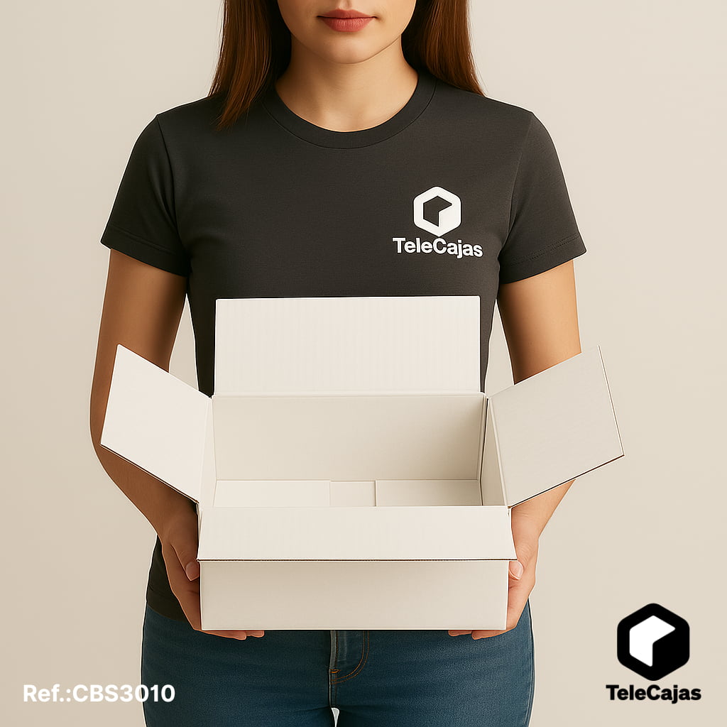 Mujer con Caja de embalaje blanca interior y exterior muy robusta de canal simple reforzada, fabricada en cartón resistente. Medidas interiores: largo 30,5 cm, ancho 22,8 cm y alto 10,2 cm. Perfecta para packaging ecológico, envíos por mensajería o almacenamiento doméstico. Solución versátil para tiendas online y uso industrial ligero.