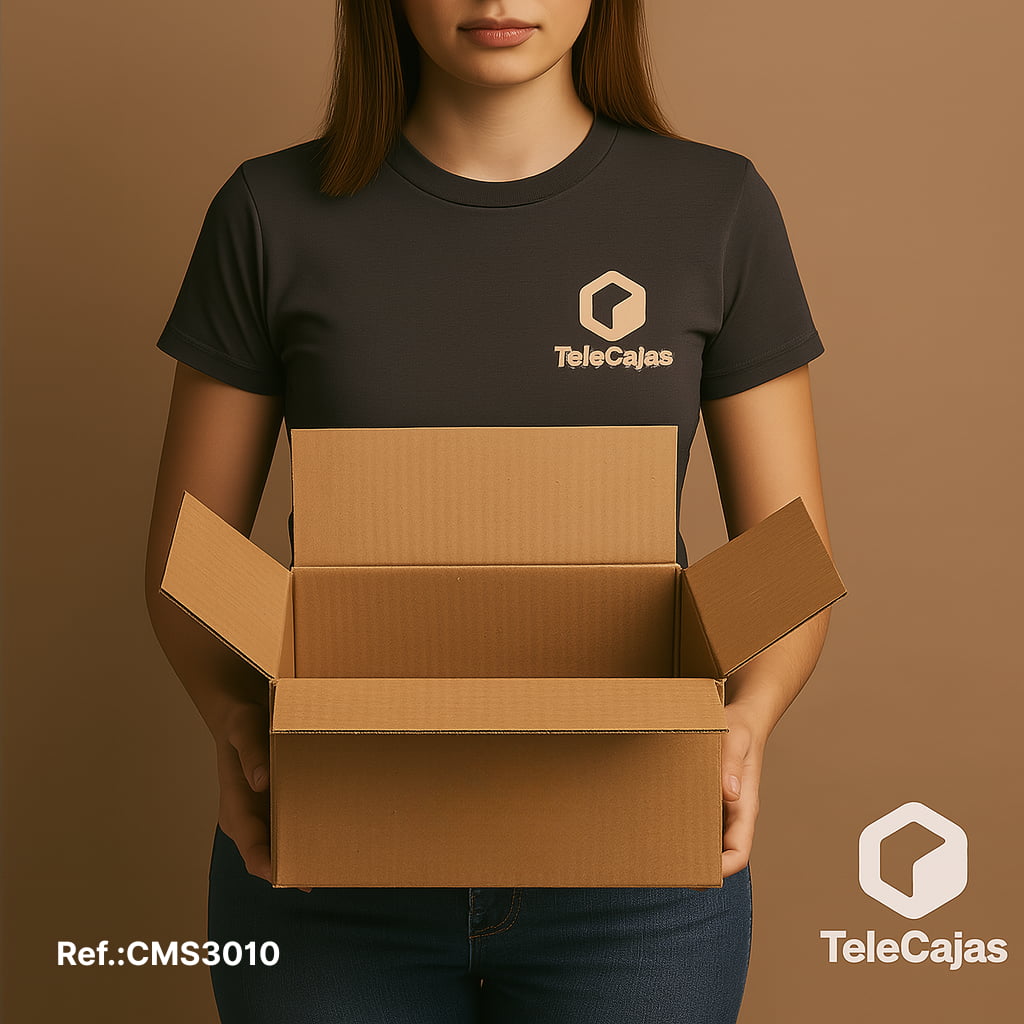 Mujer con Caja de embalaje muy resistente en cartón marrón de canal simple con medidas interiores 30,5 x 22,8 x 10,2 cm. Perfecta para envíos de documentación A4, packaging ecológico, logística de e-commerce o almacenamiento doméstico. Fabricada en cartón reciclado, ligera y funcional.