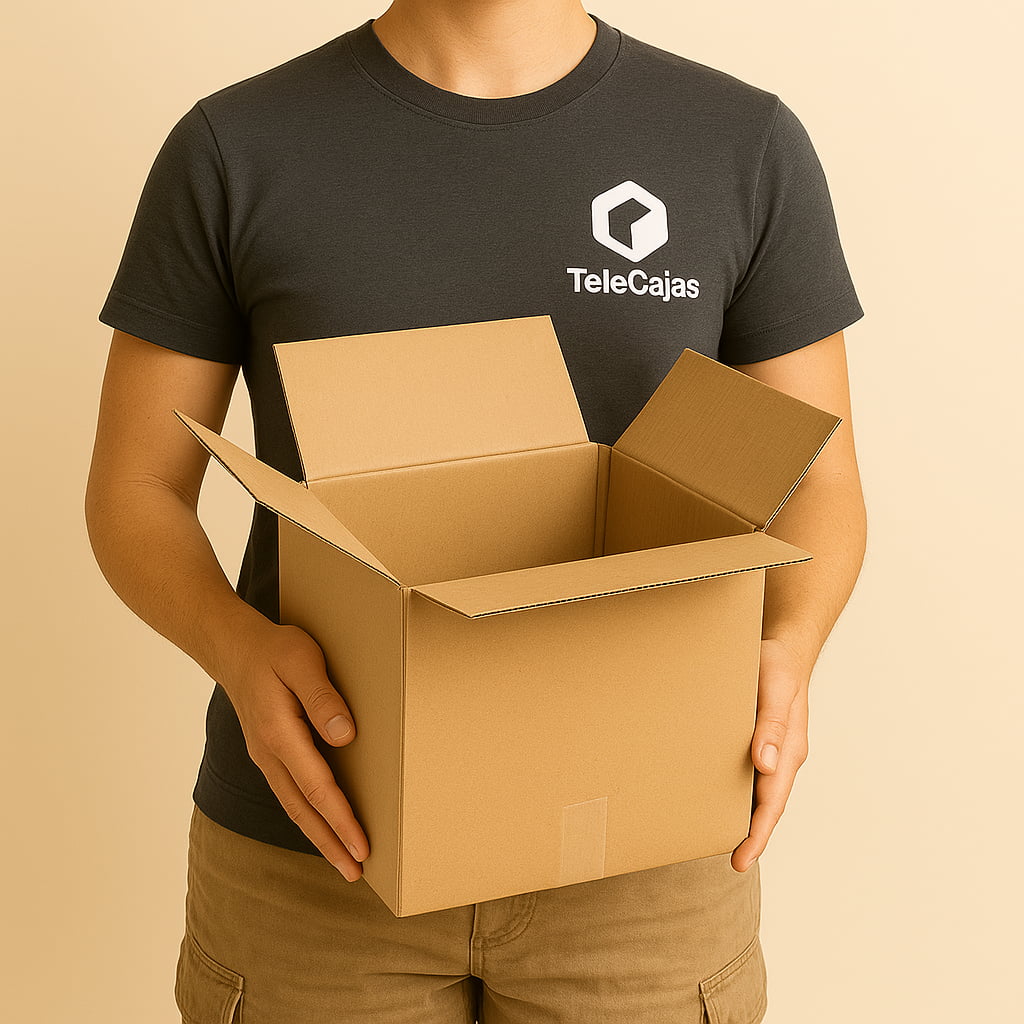 Caja de embalaje resistente de cartón reciclado con asas, formato cuadrado 31x31x31 cm. Perfecta para proteger vajillas, platos o sombreros durante mudanzas o envíos ecommerce. 