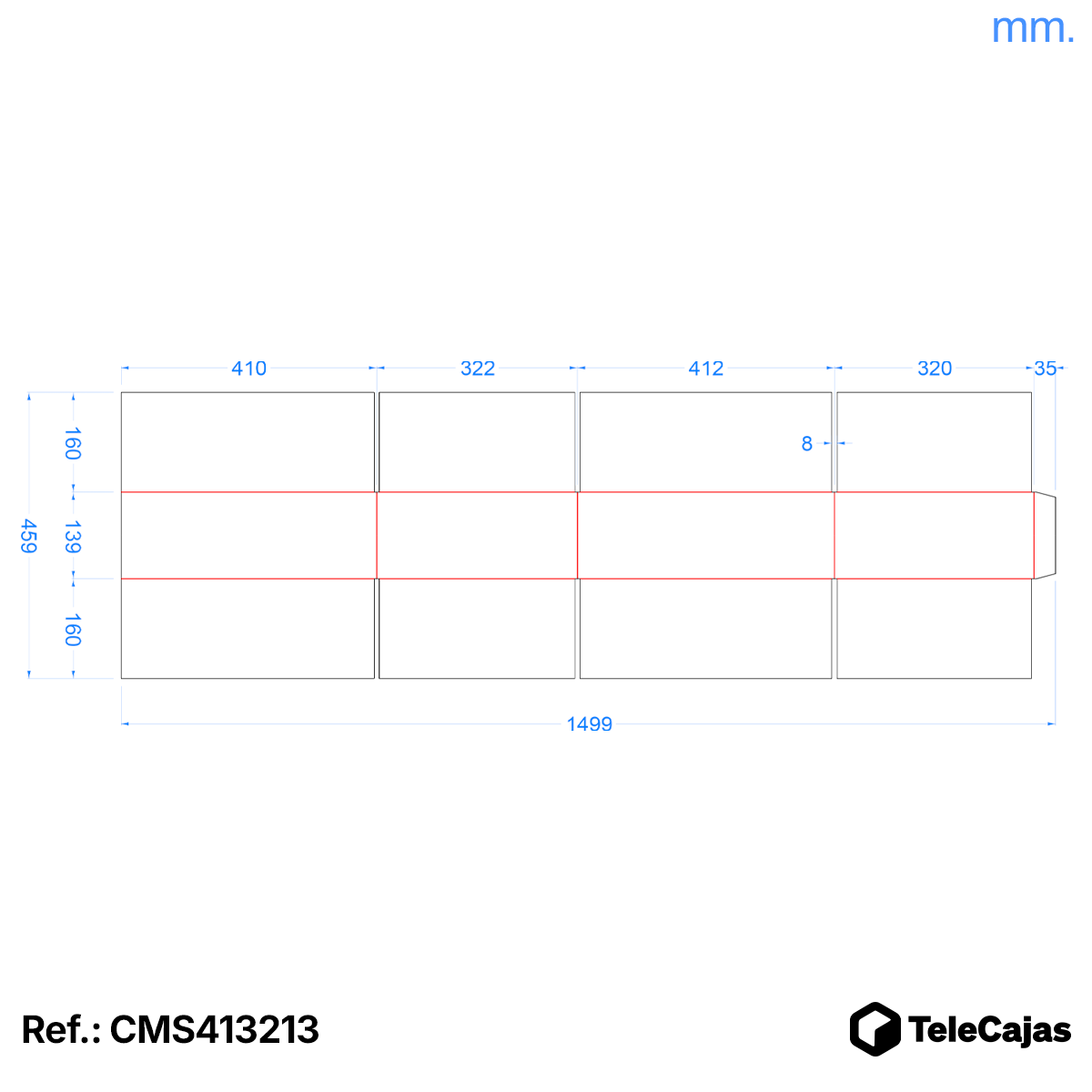 Plano acotado Caja de cartón doble onda marrón 41x32x13 cm con solapas, ideal para envíos ecommerce
