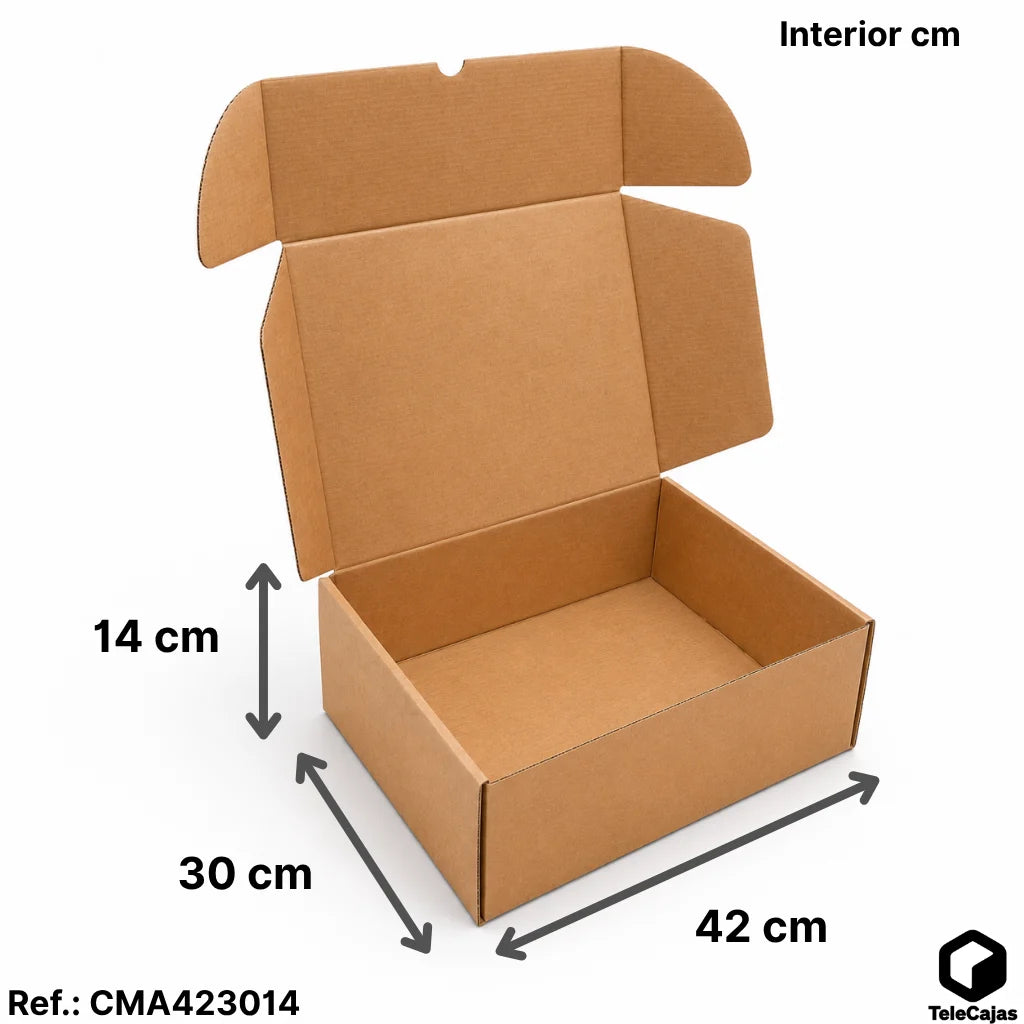 Dimensiones Caja de embalaje resistente de canal simple, automontable y en color kraft. Medidas interiores 42x30x14 cm. Perfecta para packaging ecológico, envíos por mensajería, almacenaje en casa o logística de tiendas online. Robusta para proteger el contenido durante el transporte.