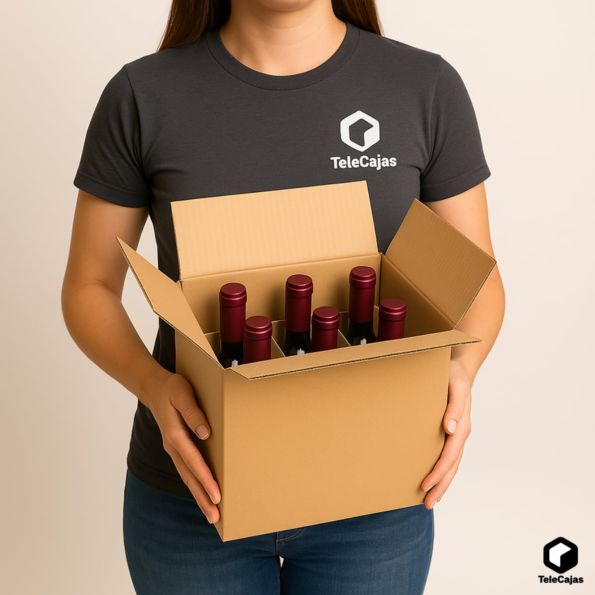 Mujer con Caja de cartón con separadores para 6 botellas de vino, ideal para envíos seguros y almacenamiento.