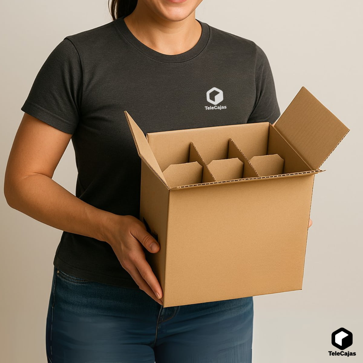 Mujer con Caja de cartón para 6 botellas de vino bordelesa con separadores divisores de rejilla, resistente y ecológica. Medida Interna: 23,8 x 16 x 31,5 cm