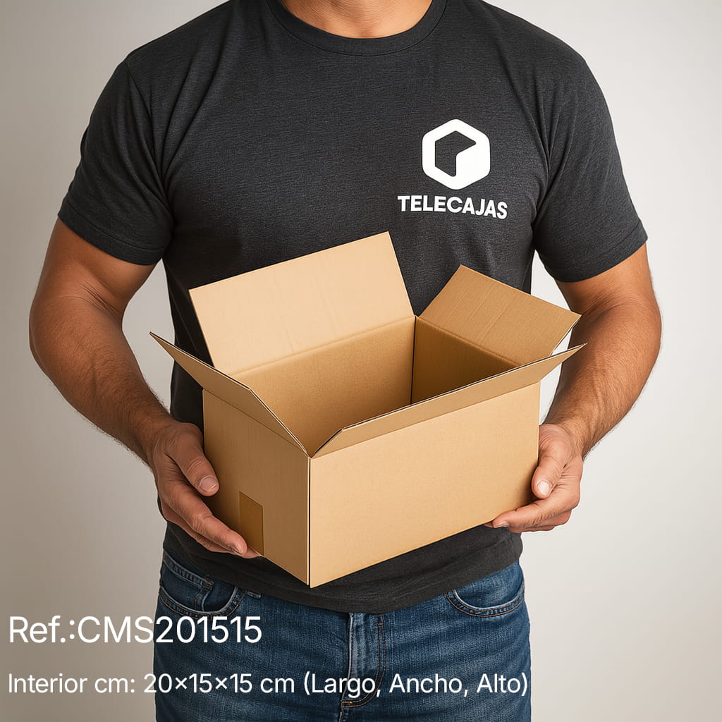 Caja de embalaje resistente de canal simple, medida interior 20x15x15 cm, ideal para envíos online o almacenaje. Diseño funcional con indicación de medida de largo. Perfecta para ecommerce que buscan packaging ecológico, práctico y reutilizable.