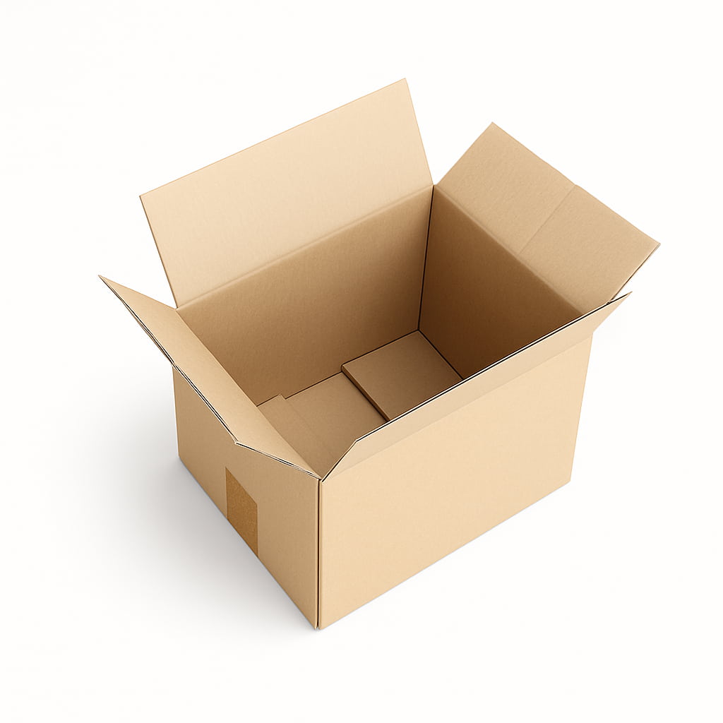 Caja de embalaje resistente de canal simple, medida interior 20x15x15 cm, ideal para envíos online o almacenaje. Diseño funcional con indicación de medida de largo. Perfecta para ecommerce que buscan packaging ecológico, práctico y reutilizable.
