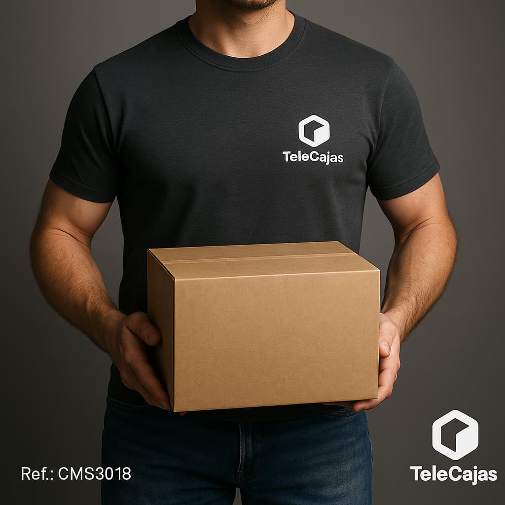 Hombre con Caja de embalaje muy robusta de canal simple reforzada, fabricada en cartón resistente. Medidas interiores folio A4: largo 30,5 cm, ancho 22,8 cm y alto 18,3 cm. Perfecta para packaging ecológico, envíos por mensajería o almacenamiento doméstico. Solución versátil para tiendas online y uso industrial ligero.