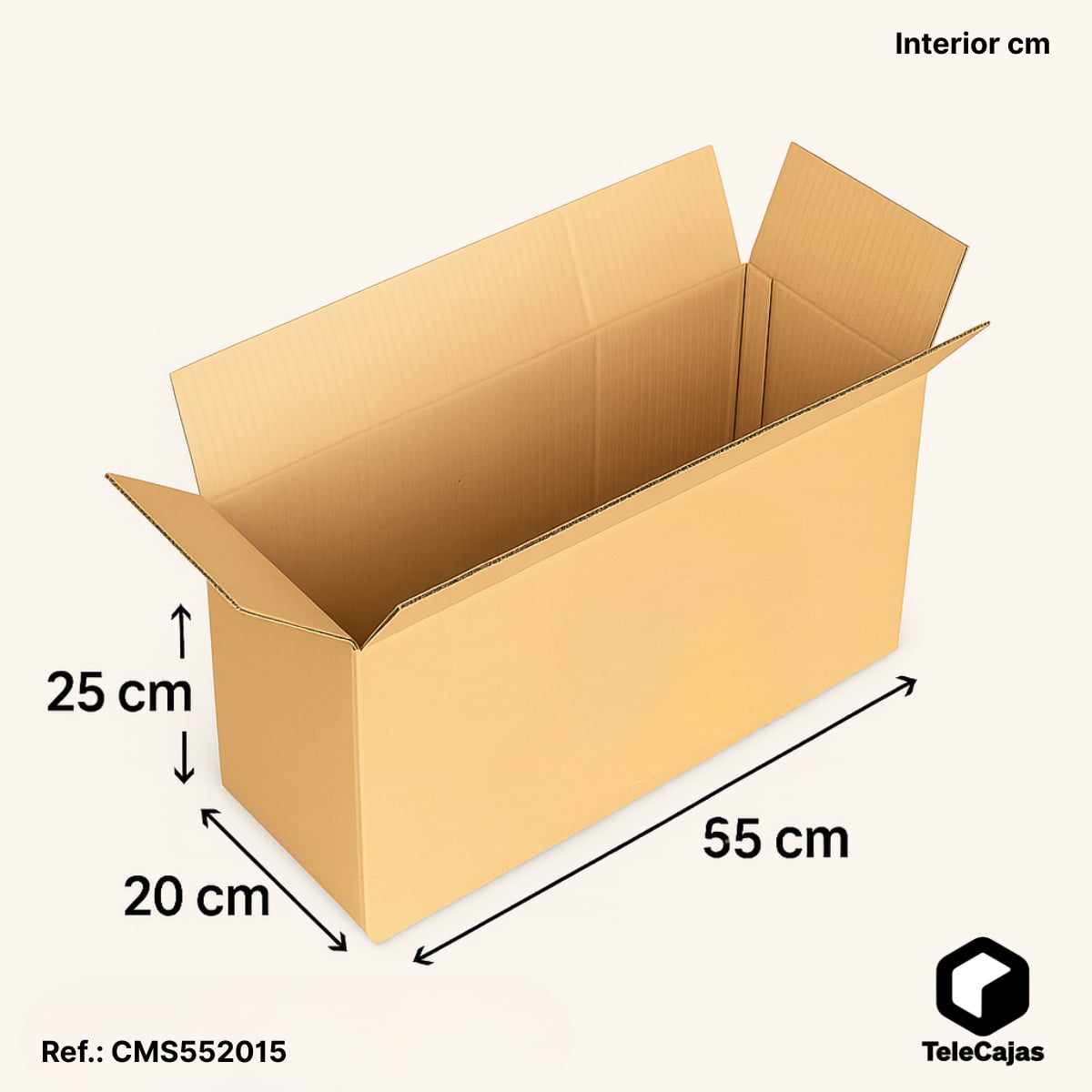 Caja de embalaje resistente de canal simple en color marrón kraft, con medidas interiores de 55x20x25 cm. Perfecta para envíos ecommerce, mudanzas o almacenaje de objetos alargados. Packaging ecológico fabricado en cartón reciclado, sin asas ni impresiones para mayor discreción