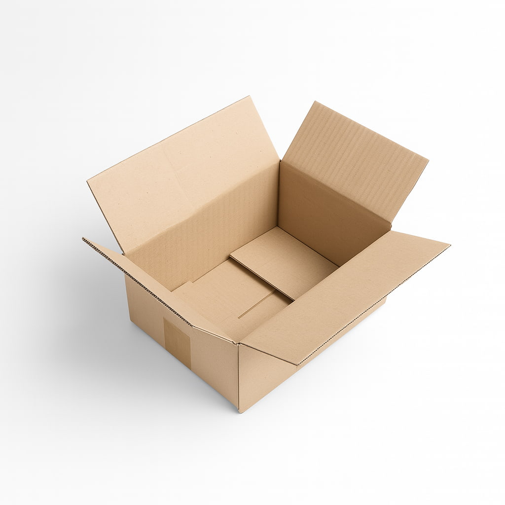 Caja de cartón doble onda marrón 41x32x13 cm con solapas, ideal para envíos ecommerce y almacenaje seguro.