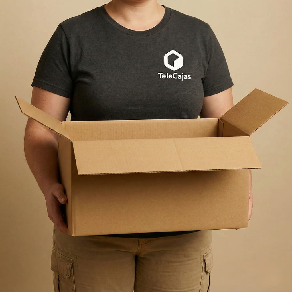 Modelo con Caja de cartón DOBLE robusta 60x40x40 cm con asas, ideal para mudanzas, ropa, abrigos y envíos voluminosos.