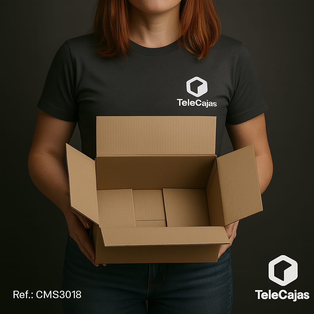 Mujer con Caja de embalaje muy robusta de canal simple reforzada, fabricada en cartón resistente. Medidas interiores folio A4: largo 30,5 cm, ancho 22,8 cm y alto 18,3 cm. Perfecta para packaging ecológico, envíos por mensajería o almacenamiento doméstico. Solución versátil para tiendas online y uso industrial ligero.
