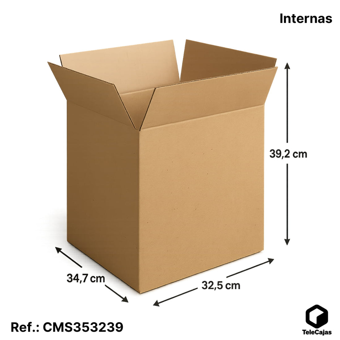 Caja de cartón marrón de canal simple 34,7x32,5x39,2 cm, ideal para embalaje, envíos ecommerce o almacenaje doméstico.