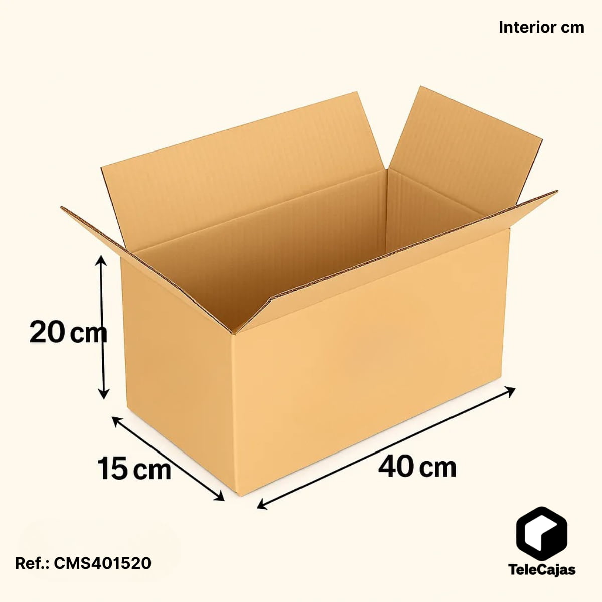 Caja de embalaje resistente de canal simple en color marrón kraft, con medidas interiores de 40x15x20 cm. Perfecta para envíos ecommerce, mudanzas o almacenaje de objetos alargados. Packaging ecológico fabricado en cartón reciclado, sin asas ni impresione