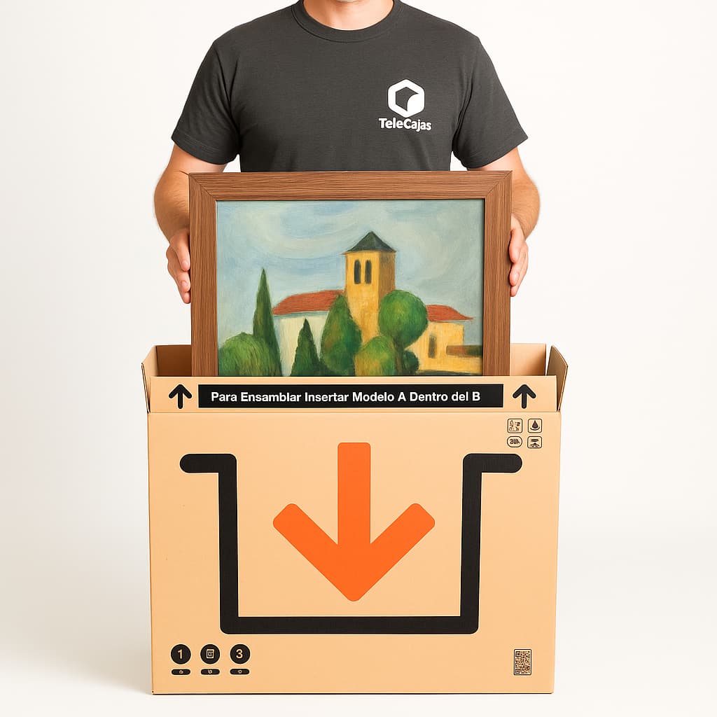 Caja de cartón especial para cuadros o pantallas, ideal para mudanzas tv o envíos protegidos. Hombre introduciendo un marco con pintura al óleo en la caja