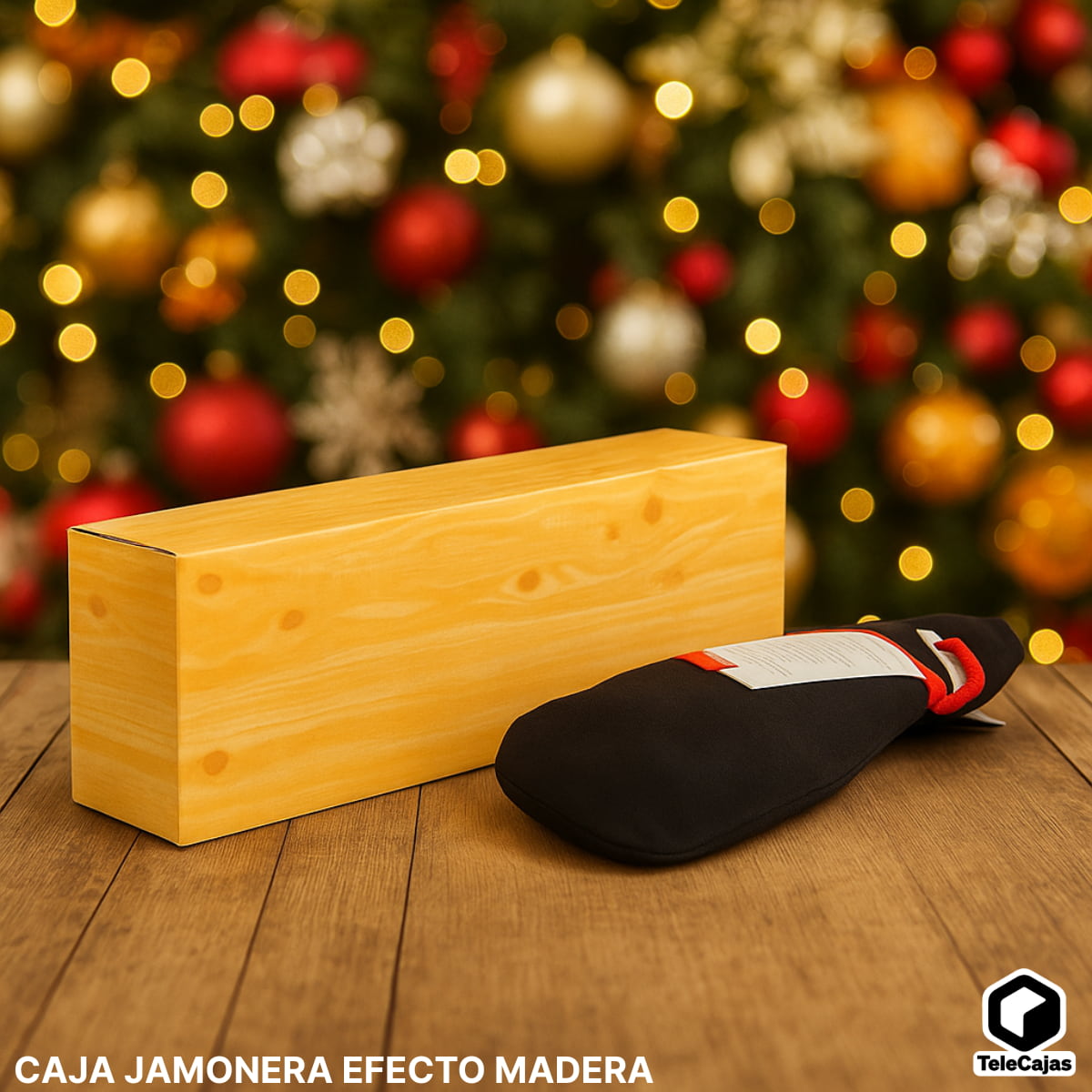 Caja jamonera efecto madera muy robusta de 89x13x27 cm con asa integrada y doble solapa, ideal para regalo de Navidad gourmet.