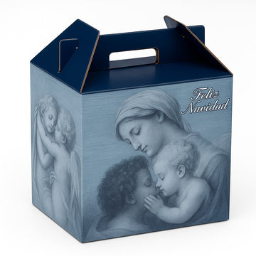 Caja de embalaje para lotes de Navidad, fabricada en cartón estucado con acabado brillante. Diseño elegante con ilustración clásica y mensaje Feliz Navidad perfecta para regalos grandes, botellas, chacinas o quesos. Packaging resistente y de presentación premium para cestas o lotes navideños.
