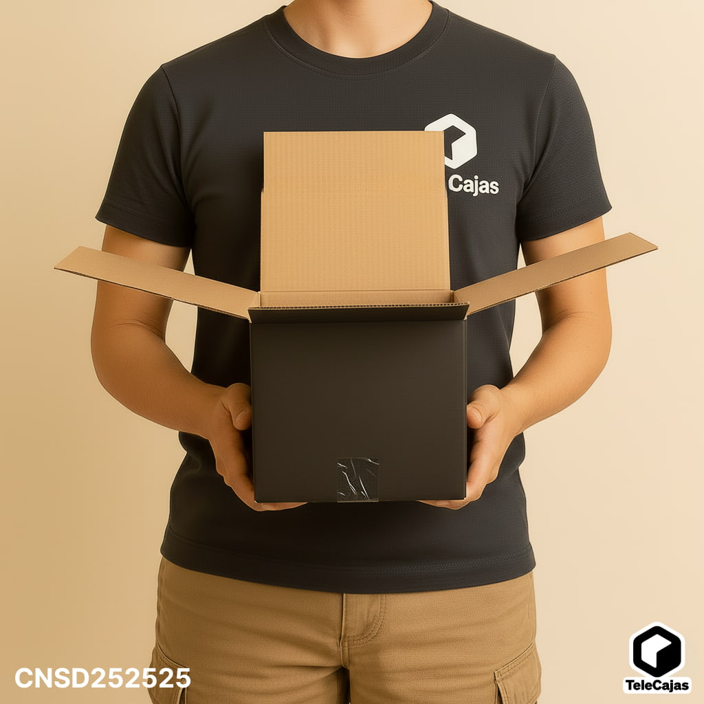 Modelo con Caja de cartón negra 25x25x25 cm interiores, doble solapas, sin asas