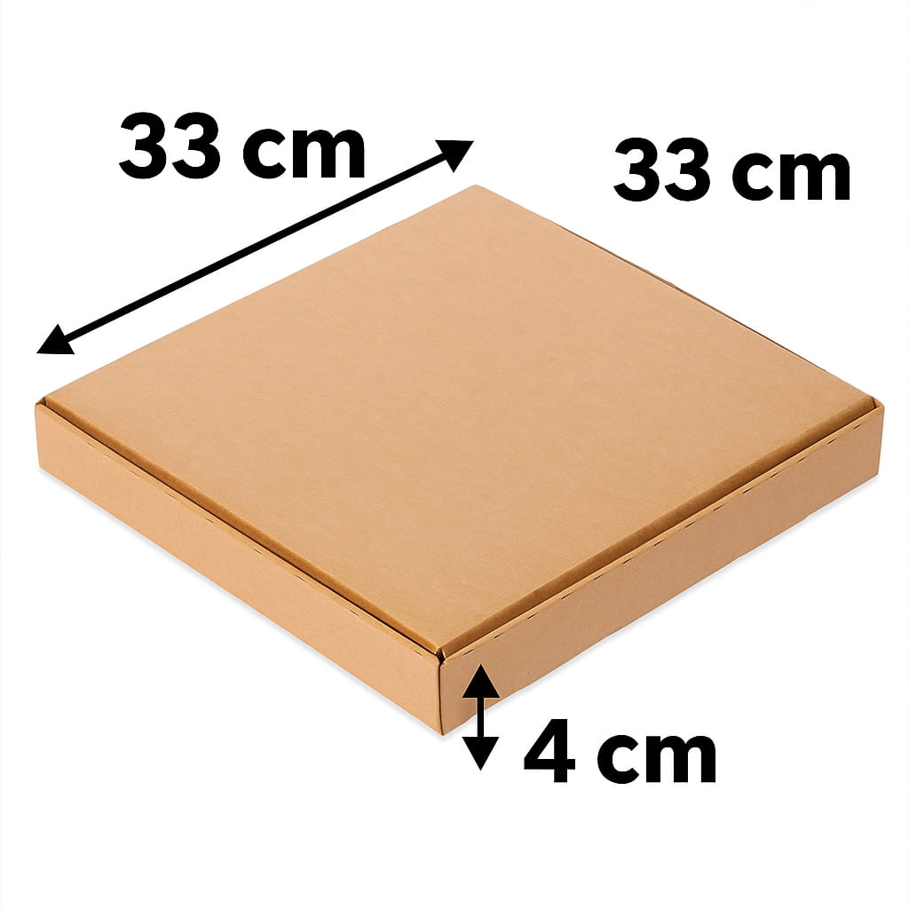 Medidas Caja robusta para pizza 33x33 cm de cartón reciclado resistente, anónima sin impresión, ideal para pizzerías, restaurantes y delivery.