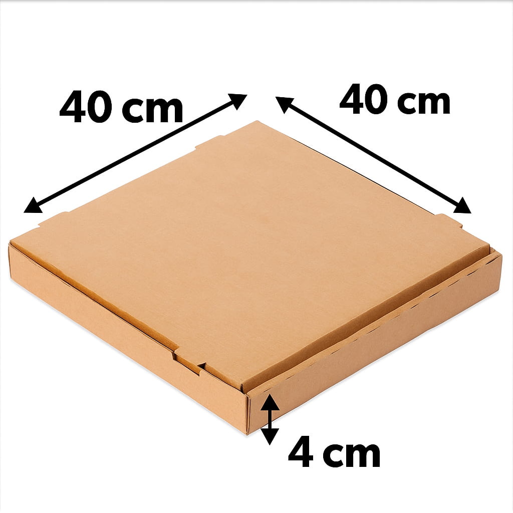 Medidas Caja robusta para pizza 40x40 cm de cartón reciclado resistente, anónima sin impresión, ideal para pizzerías, restaurantes y delivery.