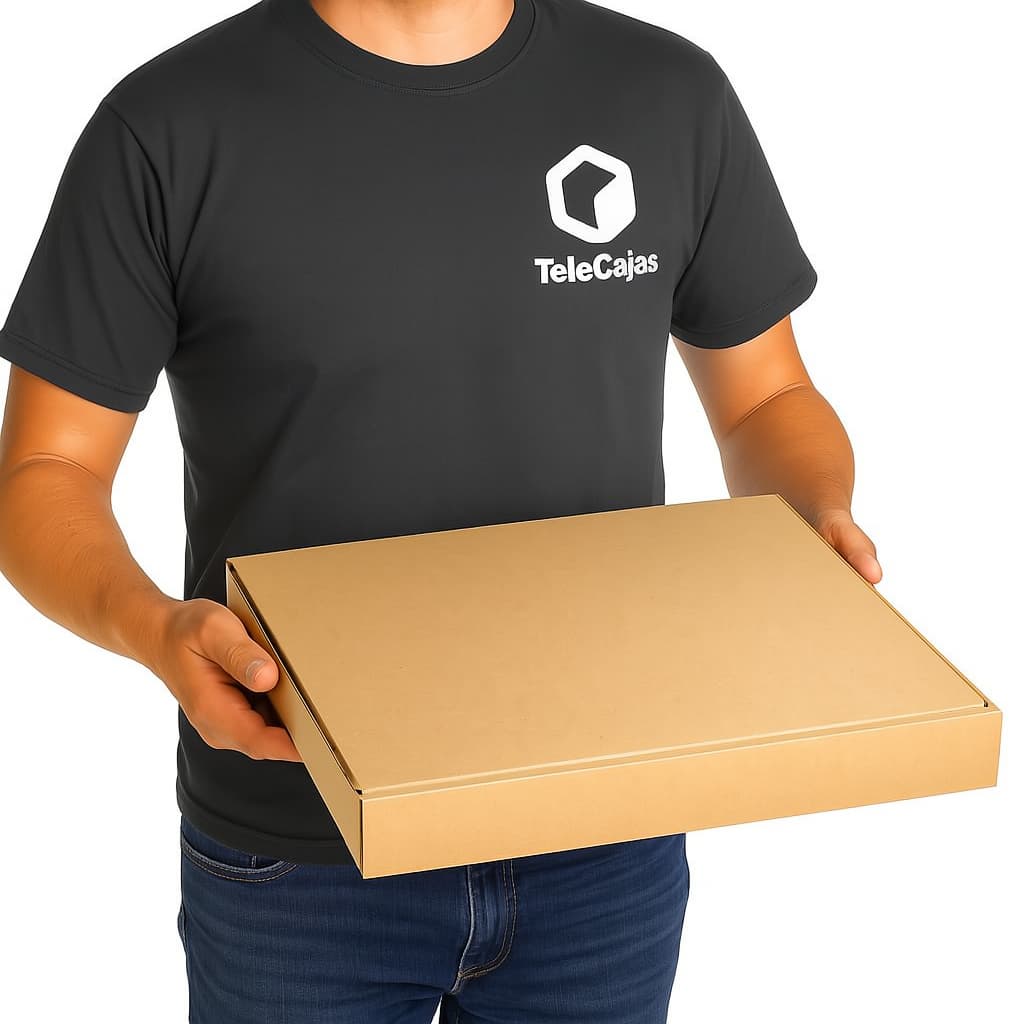 Caja de cartón kraft anónima tipo pizza grande, sostenida por repartidor con camiseta negra y logo TeleCajas, ideal para pizzerías, take away y envíos