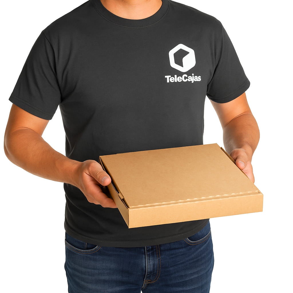 Caja de cartón kraft anónima tipo pizza, sostenida por repartidor con camiseta negra y logo TeleCajas, ideal para pizzerías, take away y envíos