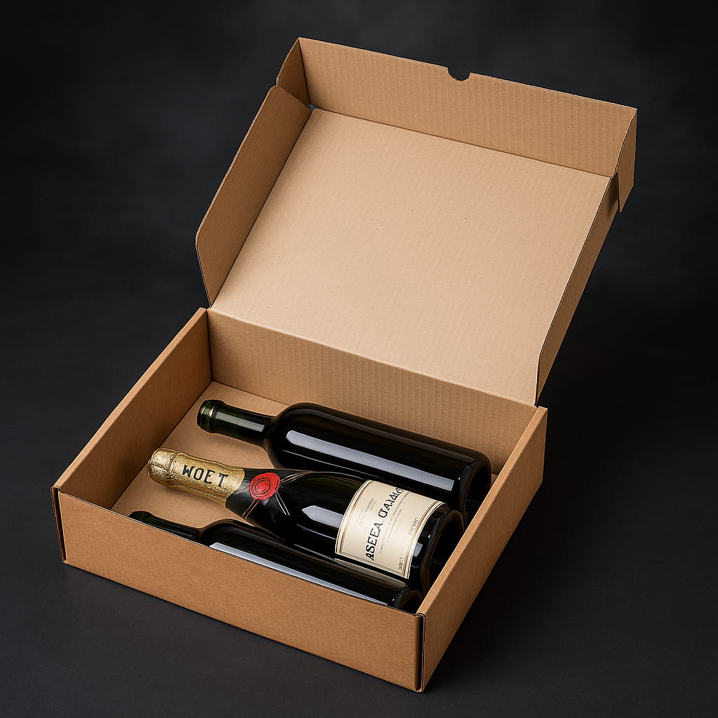 Caja 3 botellas cerrada de embalaje resistente de canal simple, automontable y en color kraft. Medidas interiores 37x30x11 cm. Perfecta para packaging ecológico, envíos por mensajería, almacenaje en casa o logística de tiendas online. Fabricada en cartón reciclado, ligera pero robusta para proteger el contenido durante el transporte.