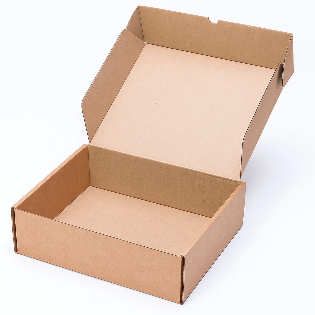 Caja de embalaje resistente de canal simple, automontable y en color kraft. Medidas interiores 37x30x11 cm. Perfecta para packaging ecológico, envíos por mensajería, almacenaje en casa o logística de tiendas online. Fabricada en cartón reciclado, ligera pero robusta para proteger el contenido durante el transporte.