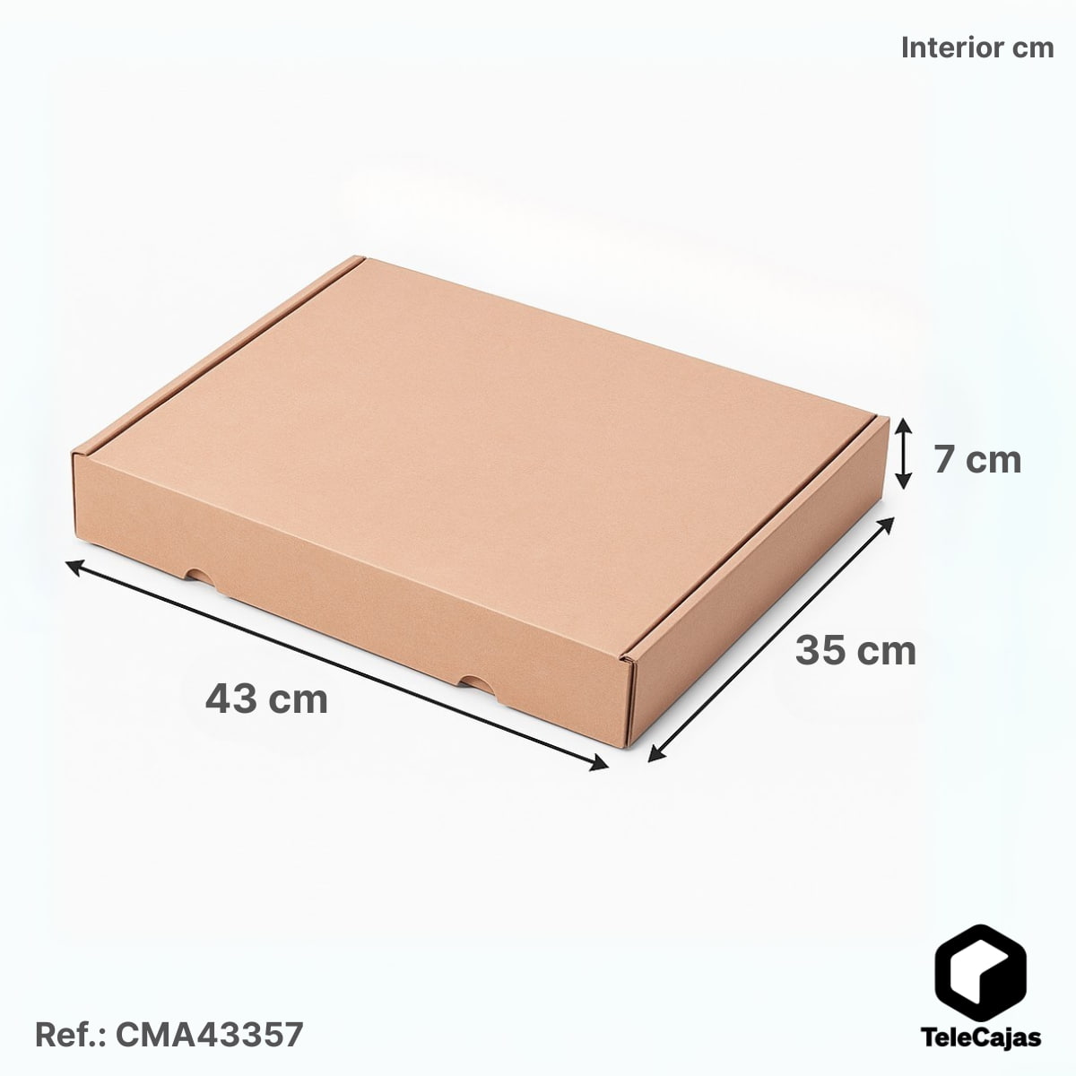 Caja de embalaje muy robusta de cartón marrón kraft con medidas interiores 43x35x7 cm. Diseño automontable troquelada con tapa robusta y sin asas para mayor discreción. Perfecta para packaging ecológico de productos planos, libros, catálogos o ropa doblad