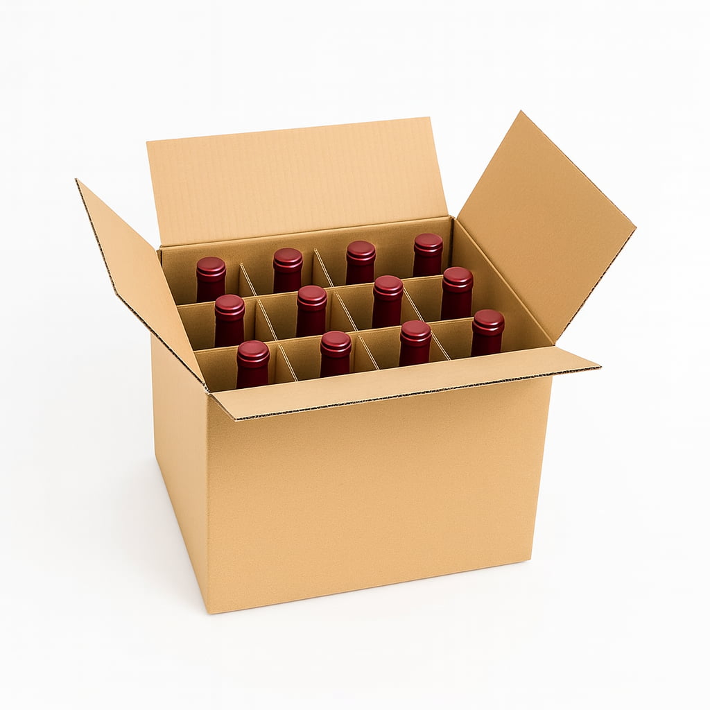 Caja de cartón con separadores para 12 botellas de vino, ideal para envíos seguros y almacenamiento.
