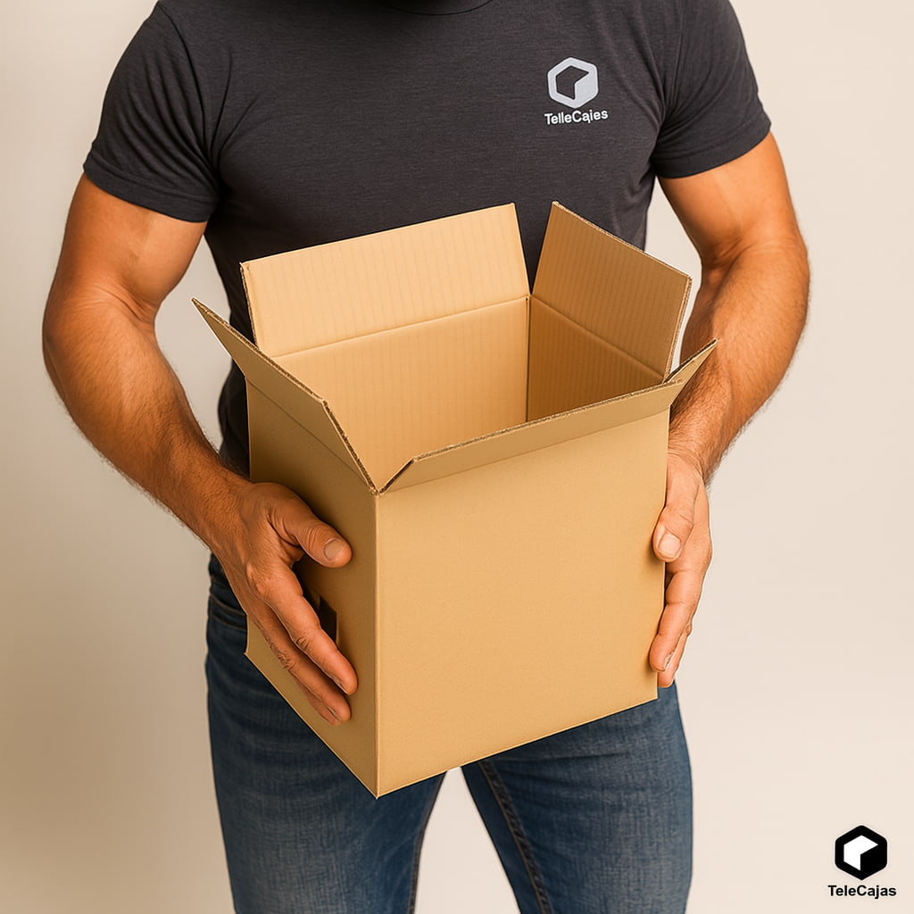 Modelo con Caja de cartón 24x16x32 cm resistente, pare envíos, almacenaje o embalaje ecommerce.