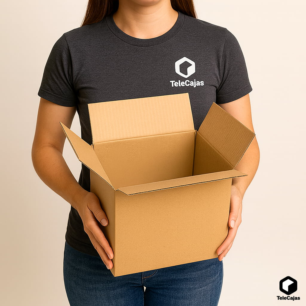 Mujer con Caja de cartón 24x16x32 cm resistente, pare envíos, almacenaje o embalaje ecommerce.