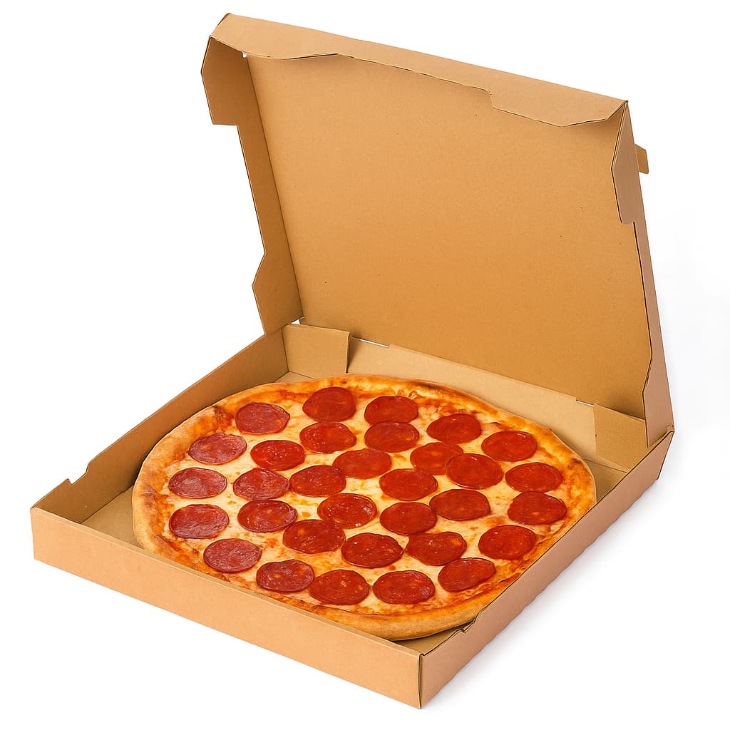 Caja para pizza fabricada en cartón reciclado resistente, ideal para pizzerías, restaurantes y servicio delivery. Diseño anónimo cerrada sin impresión, perfecta para personalización o uso discreto. Packaging ecológico reforzado.